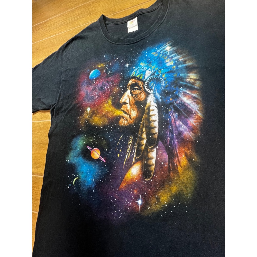 Fruit of the Loom Black T Shirt Native American Indian Chief Galaxy Print Men Lg